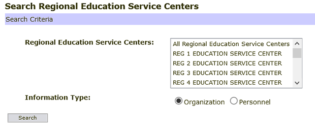 Screenshot of search regional education service centers search options