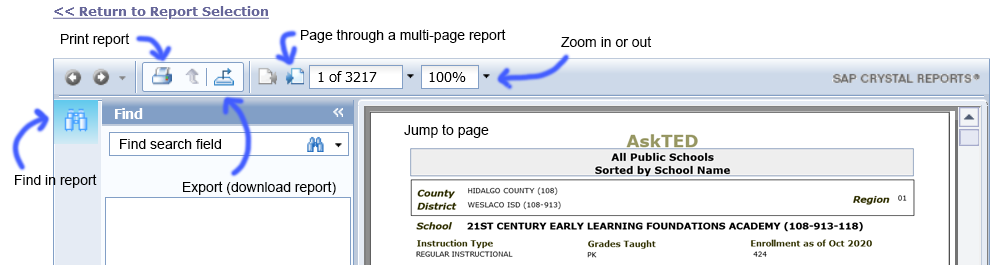 Screenshot of crystal reports toolbar with icons identified