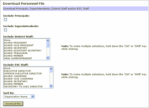 Screenshot of school, district, and ESC personnel data file download screen